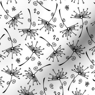 small scale dandelions - black hand-drawn dandelions on white - floral fabric and wallpaper