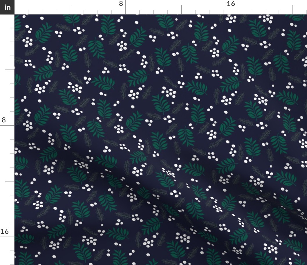 Botanical christmas boho garden pine leaves holly branch berries navy green white