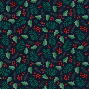 Botanical christmas boho garden pine leaves holly branch berries red navy green neutral SMALL 
