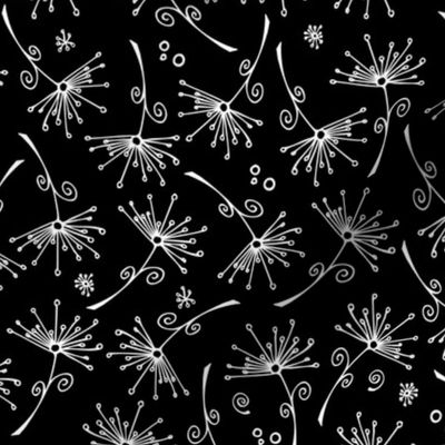 small scale dandelions - white hand-drawn dandelions on black - floral fabric and wallpaper
