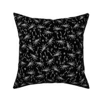 small scale dandelions - white hand-drawn dandelions on black - floral fabric and wallpaper