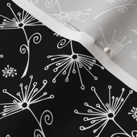 small scale dandelions - white hand-drawn dandelions on black - floral fabric and wallpaper