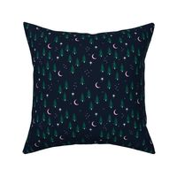 Pine tree winter forest moon and stars northern star seasonal design navy green pink