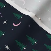 Pine tree winter forest moon and stars northern star seasonal design navy green pink