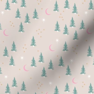 Pine tree winter forest moon and stars northern star seasonal design beige green ochre pink