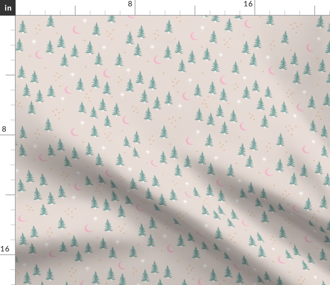 Pine tree winter forest moon and stars northern star seasonal design beige green ochre pink