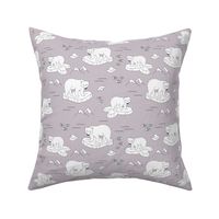 Little polar bears and snow mountains and glaciers winter ocean design mauve 