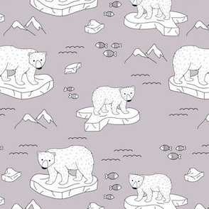 Little polar bears and snow mountains and glaciers winter ocean design mauve 