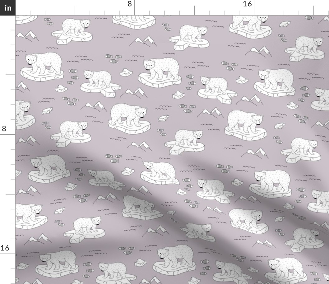 Little polar bears and snow mountains and glaciers winter ocean design mauve 