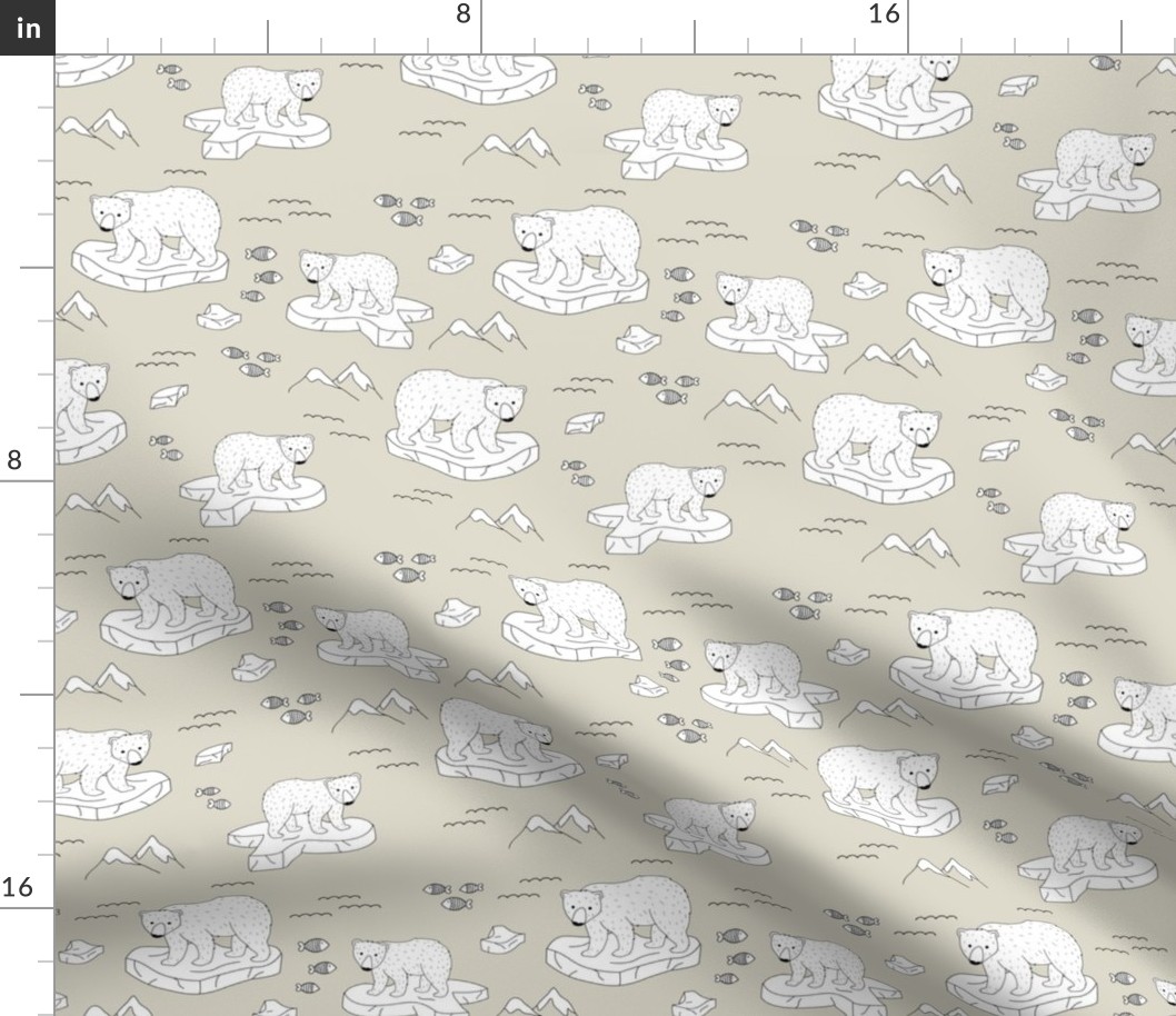 Little polar bears and snow mountains and glaciers winter ocean design soft ginger beige