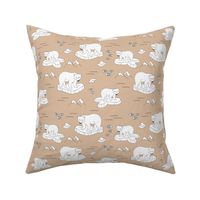 Little polar bears and snow mountains and glaciers winter ocean design cinnamon brown beige 