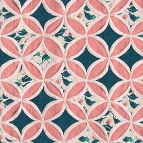 Cathedral window quilt pattern coral and blue