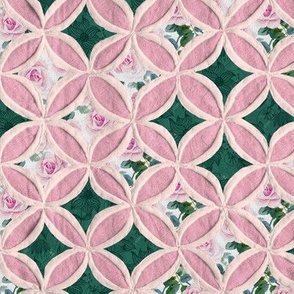 Cathedral window quilt pattern green and pink roses