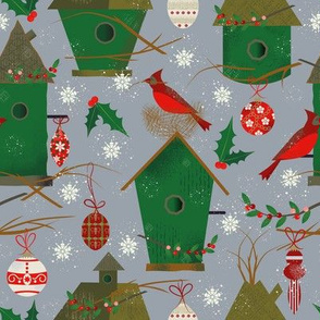 Birdhouse / Christmas / cardinals / ornaments / powder blue