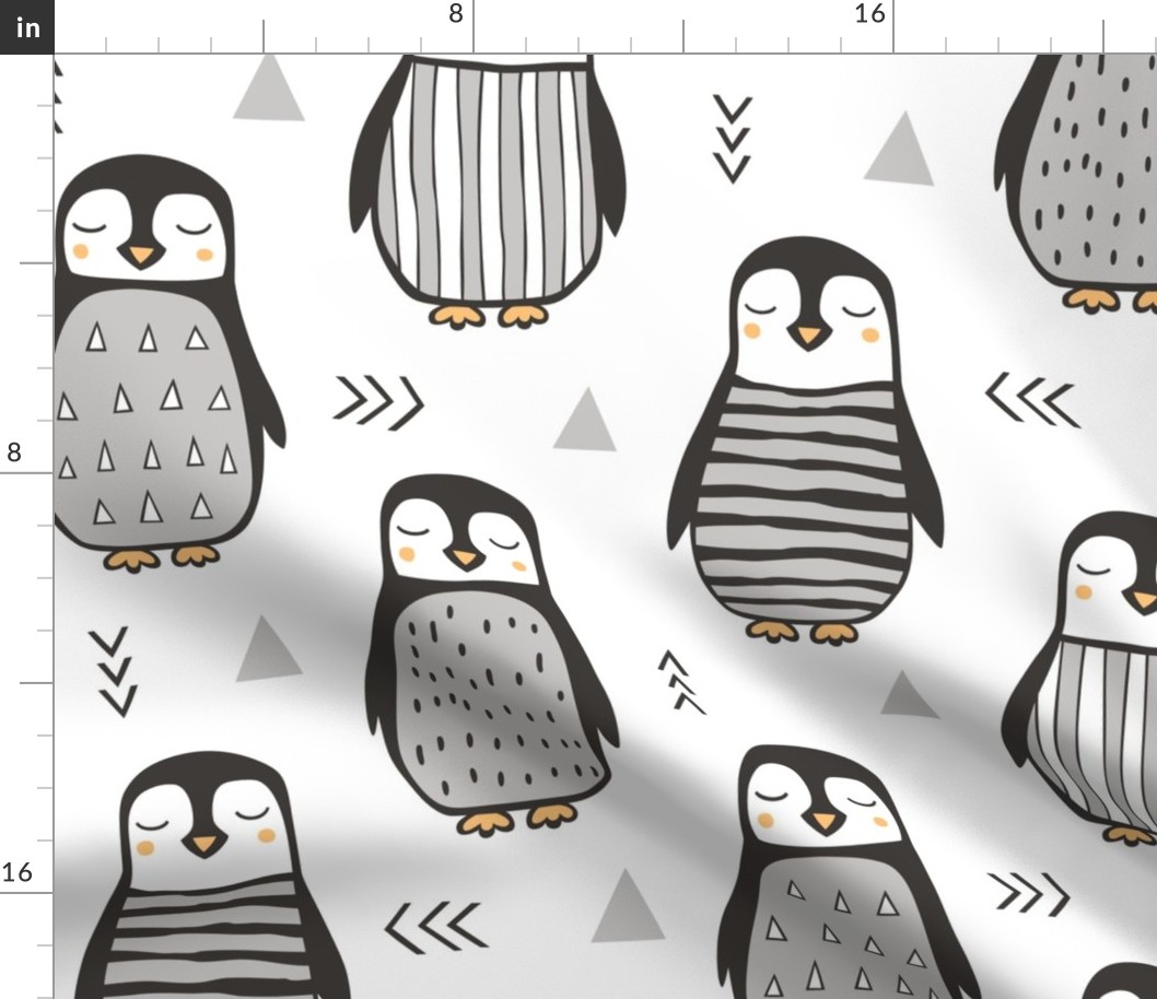 Penguins Black&White  with Sweater Geometric and Triangles  in Grey Large Jumbo Scale 8 inch