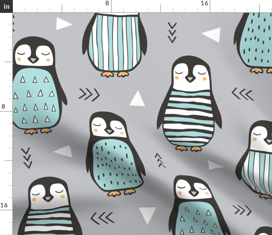 Penguins with Sweater Geometric  and Triangles Grey Large Scale Jumbo 8 inch