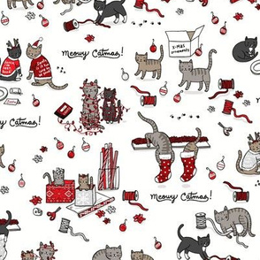 meowy catmas in reds and greys