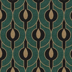 Geometric, large scale, green, black, golden, fabric texture, art deco design, art nouveau sitle, statement, geometric pattern, upholstery, gabelin, dark and contrast.