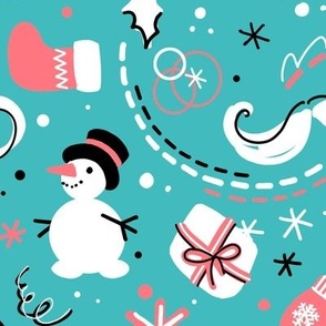 Christmas holidays, winter holidays, cute snowmen, funny pattern, snowflakes, blue and pink, christmas tree, tree decorations, christmas decor, christmas gifts, christmas stuff, christmas fun, cheerful.