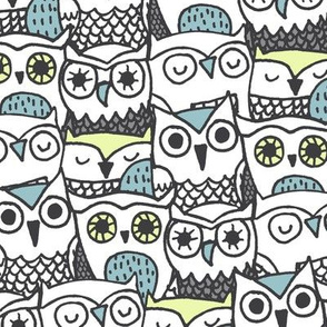 owl faces with lime/teal