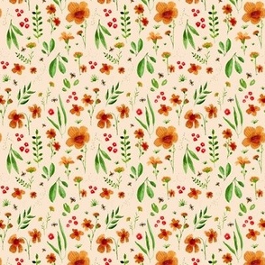 Flowers and bees ochre Spring garden small floral earthy tones