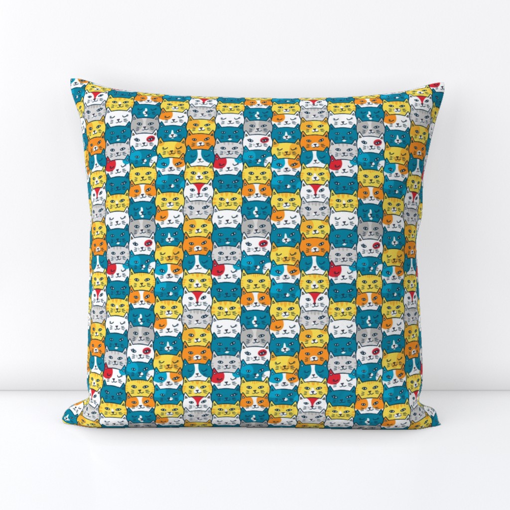 cat heads in bright blue/yellow (small)