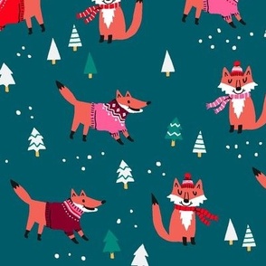 little fox in winter on teal