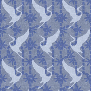 Zen Deco Tropics- Art Deco Bamboo and Cranes- Periwinkle Blue- Regular Scale