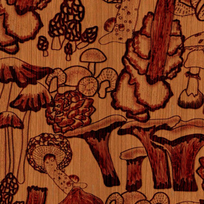 Pyrography Mushroom Extravaganza- Wood Burning Art- Natural- Burgundy, Oxblood, Rosewood, Ochre- Large Scale