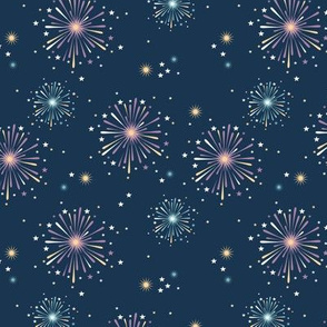 Happy 2024 - Happy new year celebration fireworks and stars party night navy blue pink
