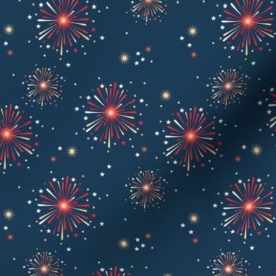 Happy 2024 - Happy new year celebration fireworks and stars party night red orange fire navy blue