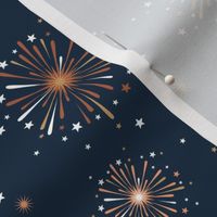 Happy 2024 - Happy new year celebration fireworks and stars party night navy blue burnt orange 