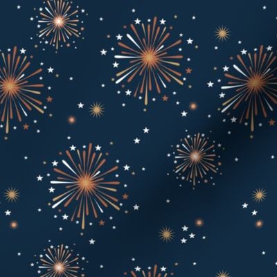 Happy 2024 - Happy new year celebration fireworks and stars party night navy blue burnt orange 