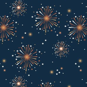 Happy 2023 - Happy new year celebration fireworks and stars party night navy blue burnt orange 