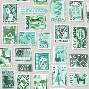 regular scale Postage stamps of the world/ soft green monochrome