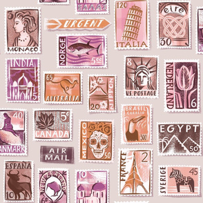 large scale Postage stamps of the world / soft brown monochrome