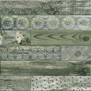 Vintage Wood Random Tiles Olive Green Cream Grey LARGE Horizontal