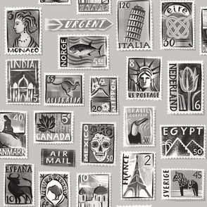large scale Postage stamps of the world/ grey monochrome