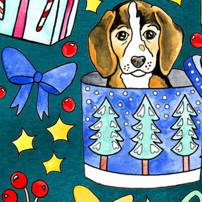 Beagles, Boxes & Bows on Teal - Large
