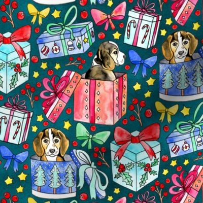 Beagles, Boxes & Bows on Teal - Small