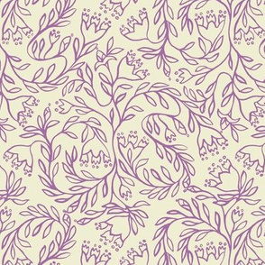 Traditional Medieval floral print_purple botanical on ivory_small scale for sewing.
