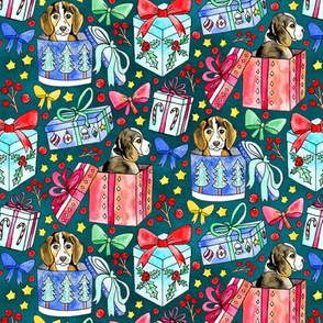Beagles, Boxes & Bows on Teal - Tiny