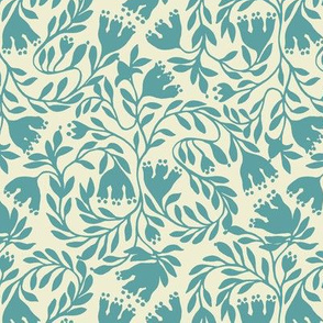 Traditional Medieval floral print_blue verdigris botanical on ivory_small scale for sewing.