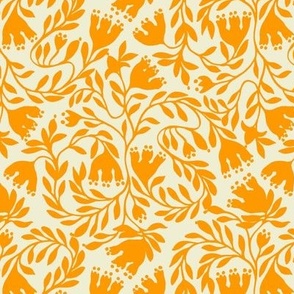 Traditional Medieval floral and botanical print_bright orange on vanilla_for spring/summer bedding and sewing. 