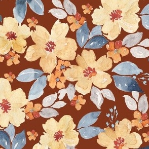 yellow and navy watercolor flowers on brown