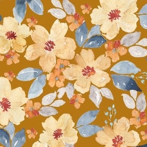 yellow and navy watercolor flowers on mustard