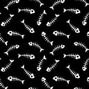 fish bones - black - fun cat fabric - LAD20