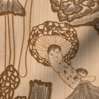 Pyrography Mushroom Extravaganza- Wood Burning Art- Natural- Silver, Sepia, Tan, Wheat- Large Scale