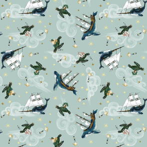 Soft jade Nautical Sea Creatures boats Non-directional, Tossed, baby boy, kids, pirate ships, unisex adventure, whale and narwhal, sea turtle hand drawn, baby boy nursery