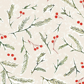 pine and berries watercolor Christmas neutral large scale